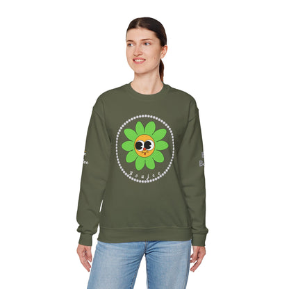 Boujee Flower Smiley Face Green Gold Wide-Eyed - Heavy Blend™ Dark Colors Crewneck Sweatshirt