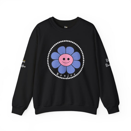 Boujee Flower Smiley Face Blue Pink - Heavy Blend™ Dark Colors Crewneck Sweatshirt