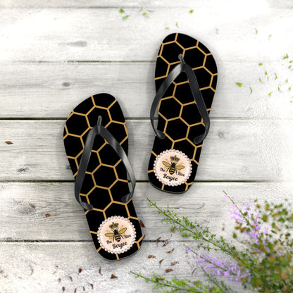 The Boujee Hive Flip Flops - BLACK Golden Honeycomb - LARGE