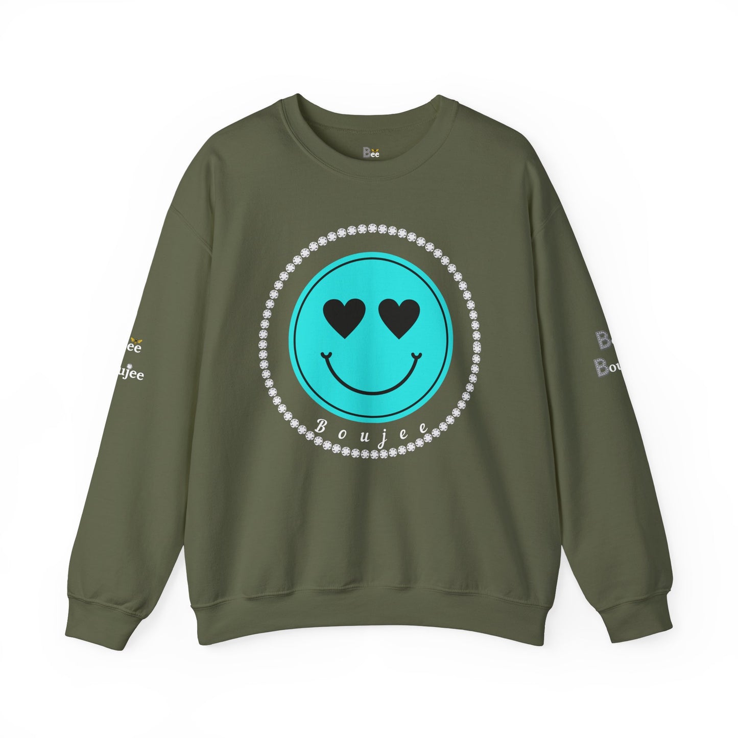 Bee Boujee - Boujee Smiley Face Turquoise in Diamonds Heavy Blend™ Dark Colors Crewneck Sweatshirt