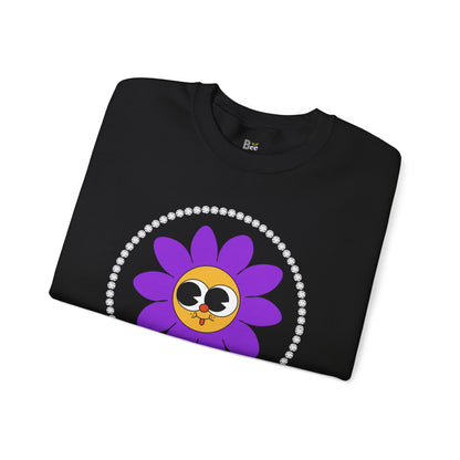 Boujee Flower Smiley Face Purple Gold Wide-Eyed - Heavy Blend™ Dark Colors Crewneck Sweatshirt