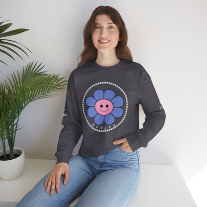 Boujee Flower Smiley Face Blue Pink - Heavy Blend™ Dark Colors Crewneck Sweatshirt