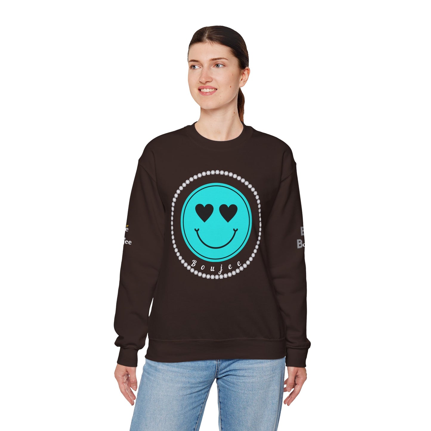 Bee Boujee - Boujee Smiley Face Turquoise in Diamonds Heavy Blend™ Dark Colors Crewneck Sweatshirt