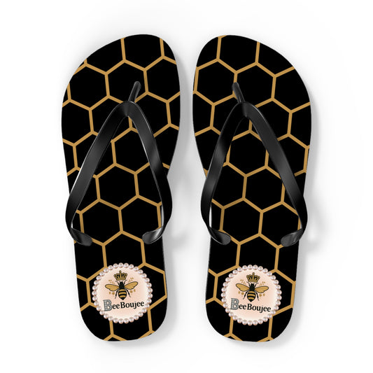 Bee Boujee Flip Flops - BLACK Golden Honeycomb - EXTRA LARGE