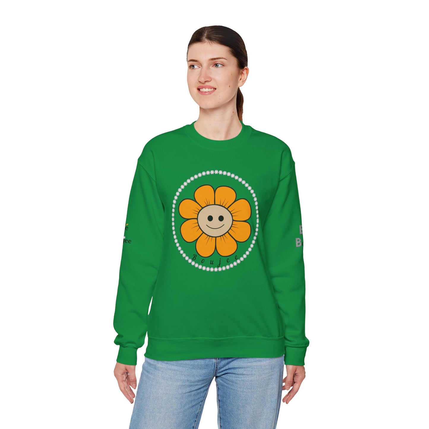 Boujee Flower Smiley Face Gold Tan - Heavy Blend™ Light Colors Crewneck Sweatshirt