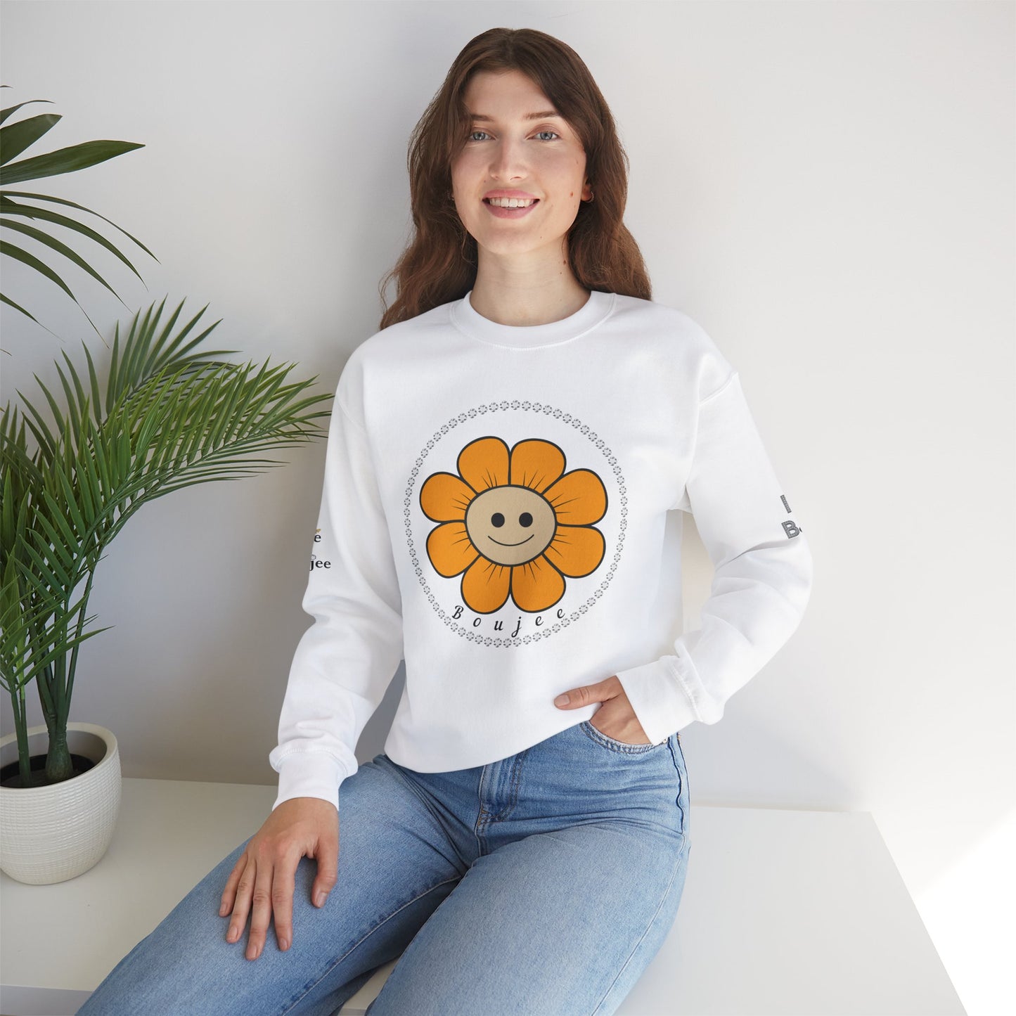 Boujee Flower Smiley Face Gold Tan - Heavy Blend™ Light Colors Crewneck Sweatshirt