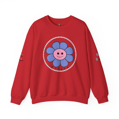Boujee Flower Smiley Face Blue Pink - Heavy Blend™ Light Colors Crewneck Sweatshirt