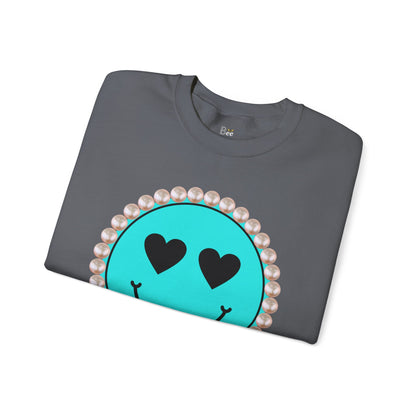 Bee Boujee - Boujee Smiley Face Turquoise in Pearls Heavy Blend™ Dark Colors Crewneck Sweatshirt