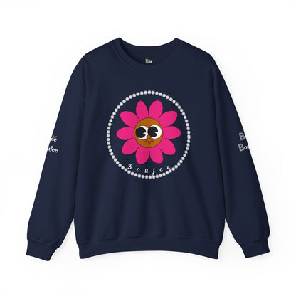 Boujee Flower Smiley Face Pink Brown Wide-Eyed - Heavy Blend™ Dark Colors Crewneck Sweatshirt