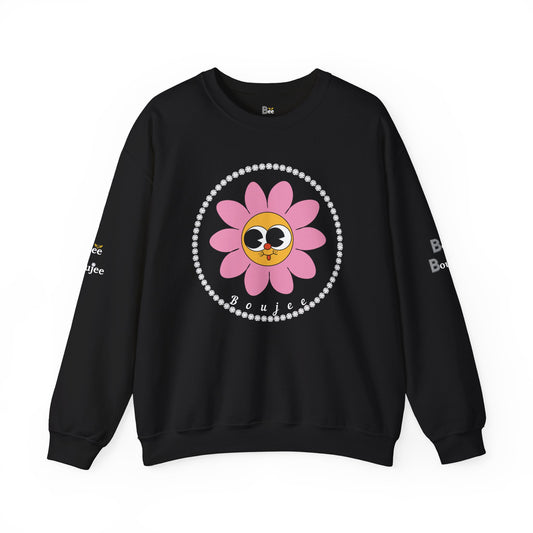 Boujee Flower Smiley Face Pink Gold Wide-Eyed - Heavy Blend™ Dark Colors Crewneck Sweatshirt