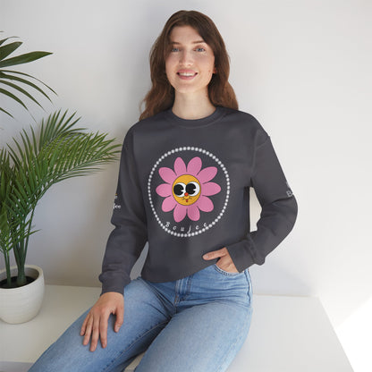 Boujee Flower Smiley Face Pink Gold Wide-Eyed - Heavy Blend™ Dark Colors Crewneck Sweatshirt