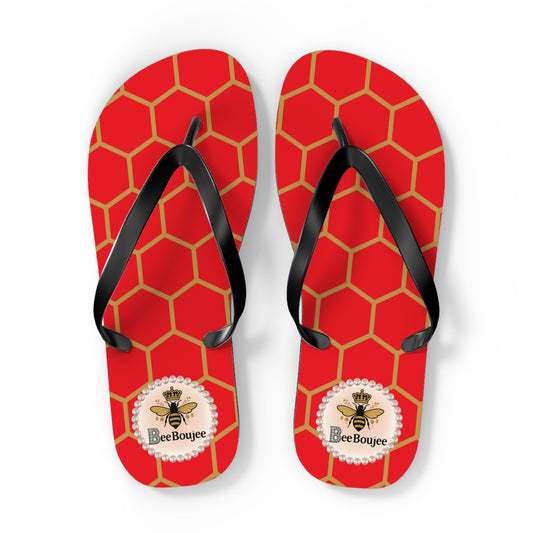 Bee Boujee Flip Flops - RED Golden Honeycomb - EXTRA LARGE