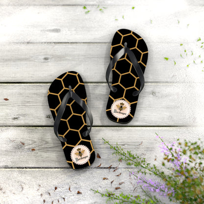 Bee Boujee Crowned-Bee Flip-Flops (BLACK/Golden Honeycomb) - SMALL