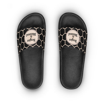 Boujee & Blessed Peach Honeycomb Pearl-Emblem Women’s Slides Sandals,