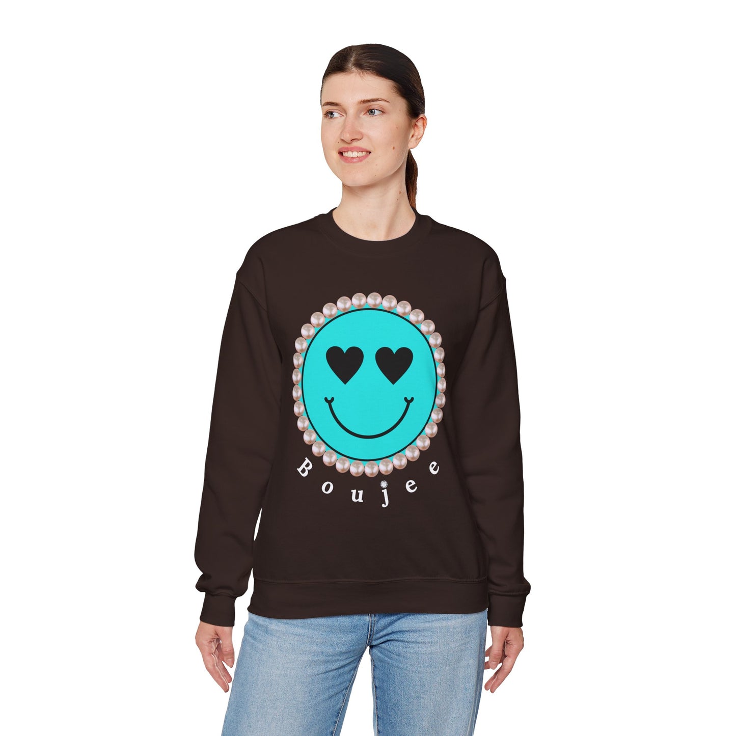 Bee Boujee - Boujee Smiley Face Turquoise in Pearls Heavy Blend™ Dark Colors Crewneck Sweatshirt