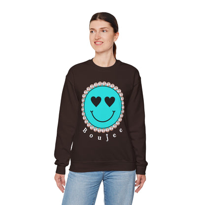 Bee Boujee - Boujee Smiley Face Turquoise in Pearls Heavy Blend™ Dark Colors Crewneck Sweatshirt