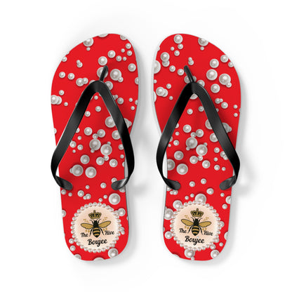 The Boujee Hive Flip Flops - RED in Sea of Pearls - LARGE