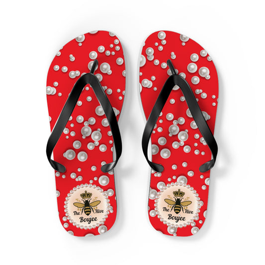 The Boujee Hive Flip Flops - RED in Sea of Pearls - LARGE