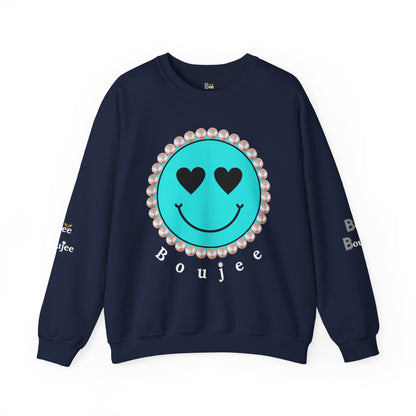 Bee Boujee - Boujee Smiley Face Turquoise in Diamonds Heavy Blend™ Dark Colors Crewneck Sweatshirt