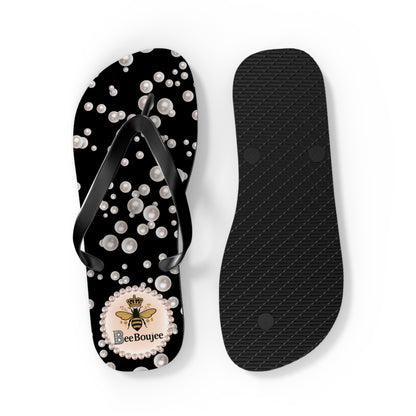Bee Boujee Flip Flops - BLACK in Sea of Pearls - LARGE