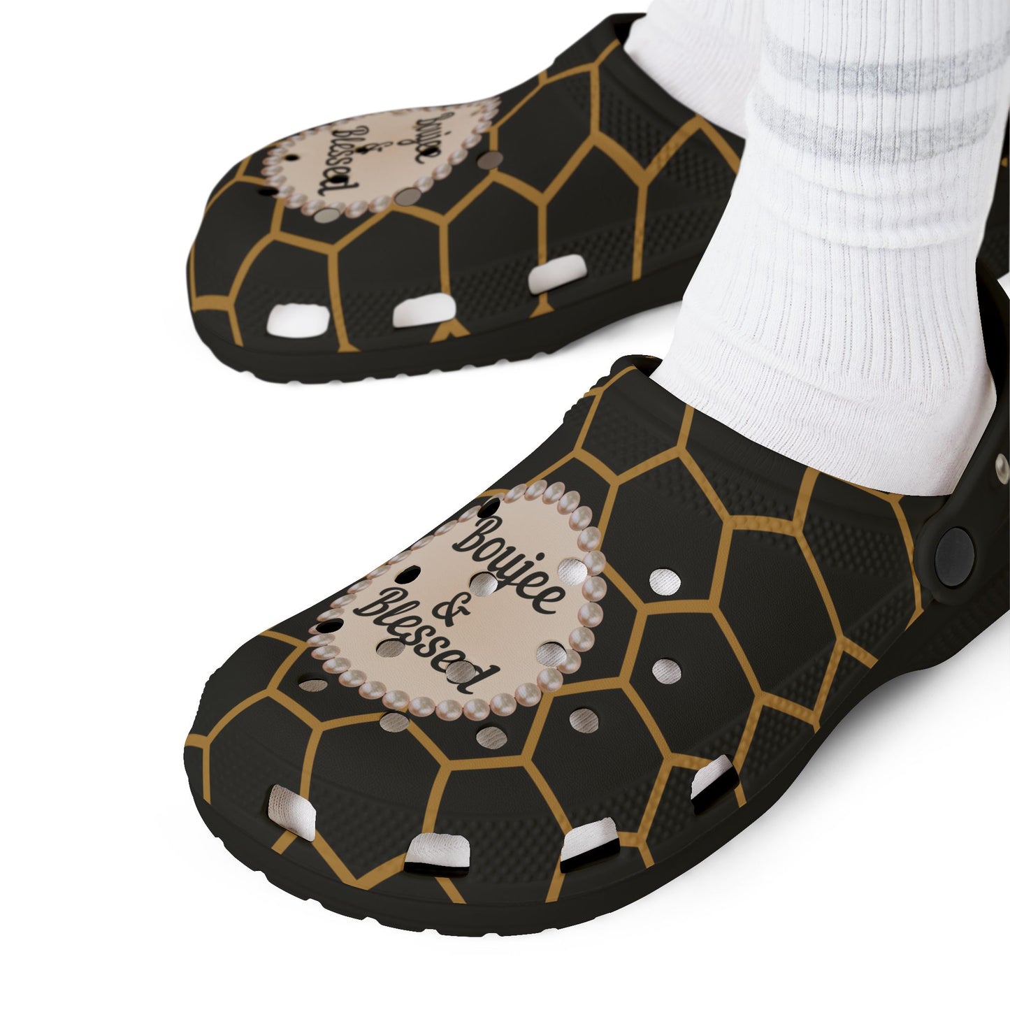 Boujee & Blessed Golden Honeycomb Clogs with Charms