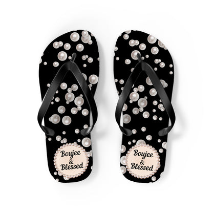 Boujee & Blessed Flip Flops - BLACK in Sea of Pearls - MEDIUM