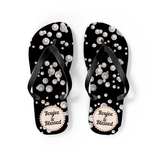 Boujee & Blessed Flip Flops - BLACK in Sea of Pearls - MEDIUM