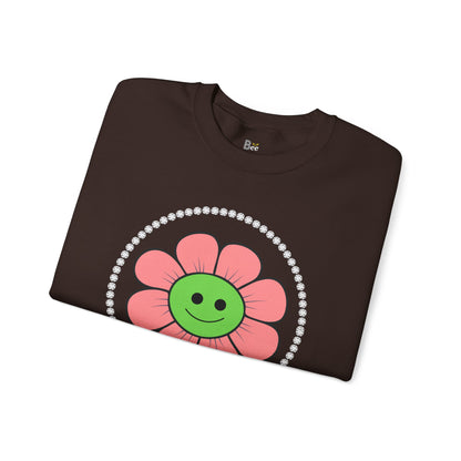 Boujee Flower Smiley Face Pink Green - Heavy Blend™ Dark Colors Crewneck Sweatshirt
