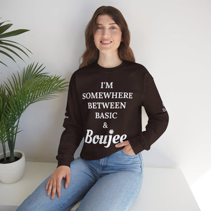 I'm Somewhere Between Basic & Boujee - Heavy Blend™ Dark Colors Crewneck Sweatshirt