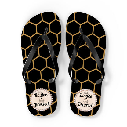 Kinda Boujee Really Blessed Flip Flops - BLACK Golden Honeycomb - EXTRA LARGE