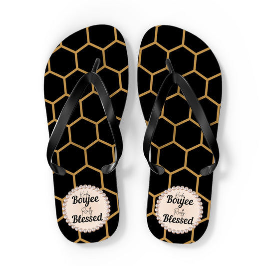 Kinda Boujee Really Blessed Flip Flops - BLACK Golden Honeycomb - EXTRA LARGE