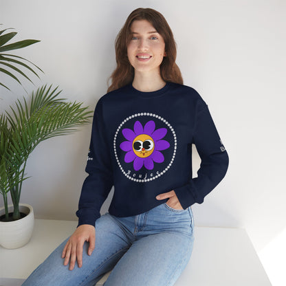 Boujee Flower Smiley Face Purple Gold Wide-Eyed - Heavy Blend™ Dark Colors Crewneck Sweatshirt