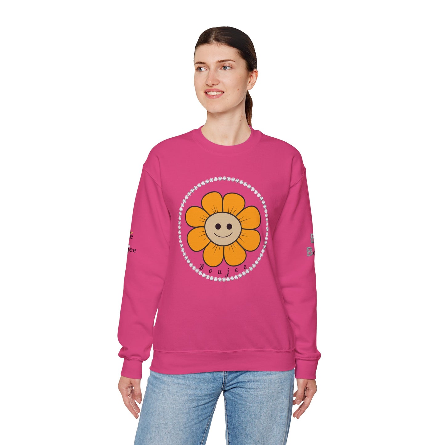 Boujee Flower Smiley Face Gold Tan - Heavy Blend™ Light Colors Crewneck Sweatshirt