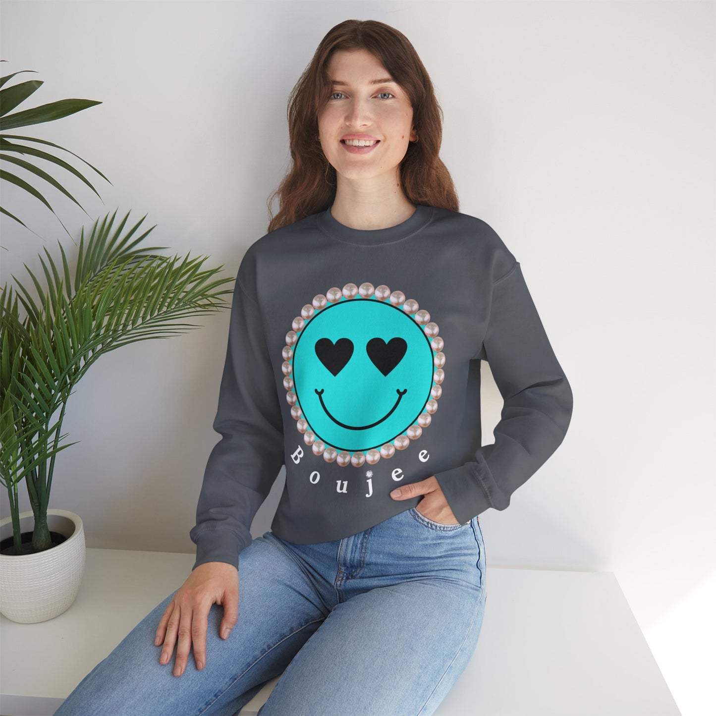 Bee Boujee - Boujee Smiley Face Turquoise in Pearls Heavy Blend™ Dark Colors Crewneck Sweatshirt