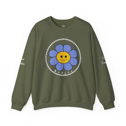 Boujee Flower Smiley Face Blue Gold - Heavy Blend™ Dark Colors Crewneck Sweatshirt
