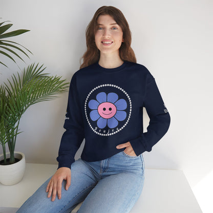 Boujee Flower Smiley Face Blue Pink - Heavy Blend™ Dark Colors Crewneck Sweatshirt