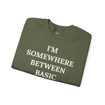 I'm Somewhere Between Basic & Boujee - Heavy Blend™ Dark Colors Crewneck Sweatshirt
