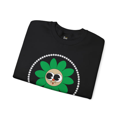 Boujee Flower Smiley Face Green Tan Wide-Eyed - Heavy Blend™ Dark Colors Crewneck Sweatshirt