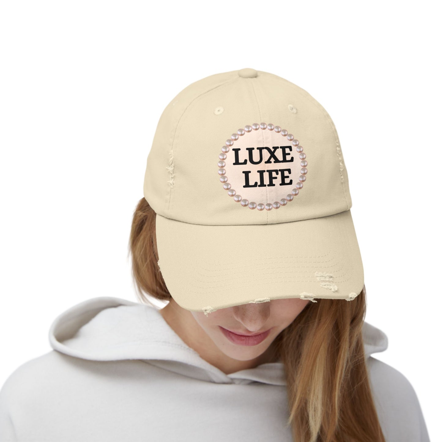 Luxe Life - Distressed Pearl-Emblem Cap