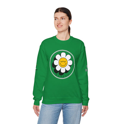 Boujee Flower Smiley Face Closed Eyes White Gold - Heavy Blend™ Light Colors Crewneck Sweatshirt