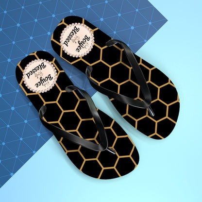 Kinda Boujee Really Blessed Flip Flops - BLACK Golden Honeycomb - EXTRA LARGE