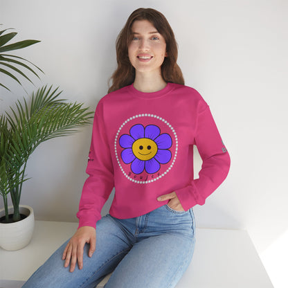 Boujee Flower Smiley Face Purple Gold - Heavy Blend™ Light Colors Crewneck Sweatshirt