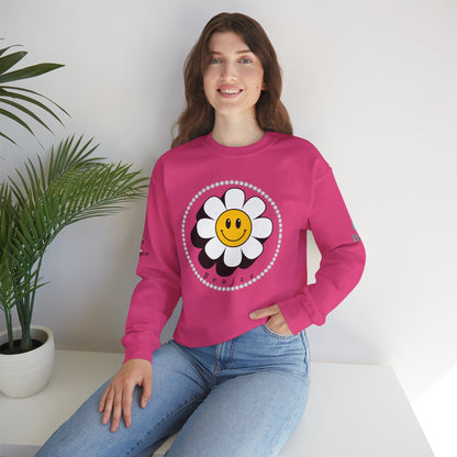 Boujee Flower Smiley Face White Gold - Heavy Blend™ Light Colors Crewneck Sweatshirt
