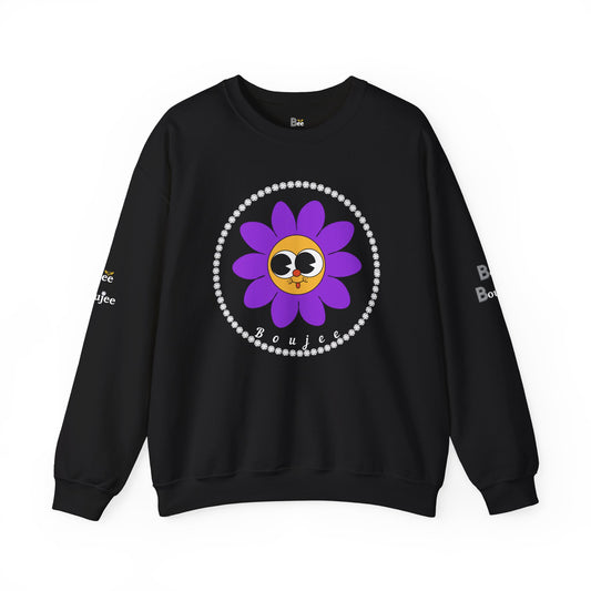 Boujee Flower Smiley Face Purple Gold Wide-Eyed - Heavy Blend™ Dark Colors Crewneck Sweatshirt