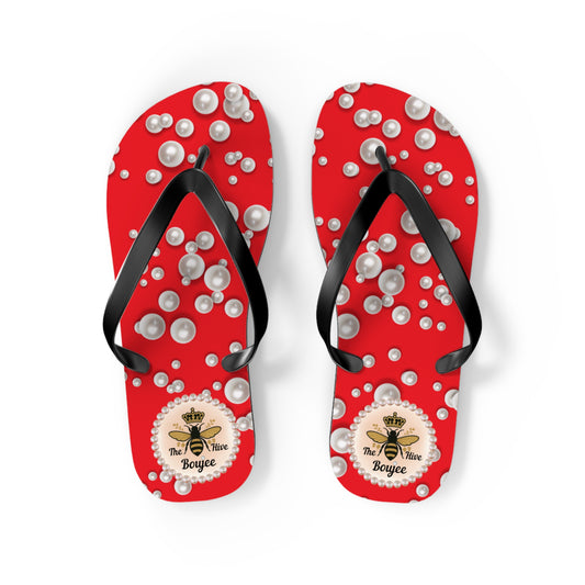 The Boujee Hive Flip Flops - RED in Sea of Pearls - MEDIUM