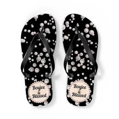 Boujee & Blessed Flip Flops - BLACK in Sea of Pearls - LARGE