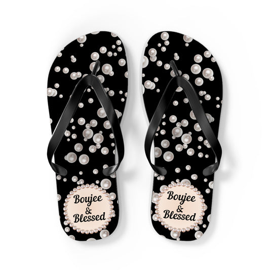 Boujee & Blessed Flip Flops - BLACK in Sea of Pearls - LARGE