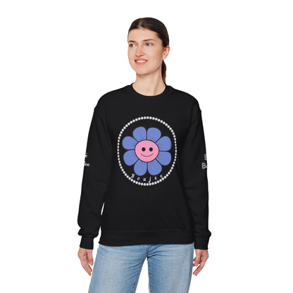 Boujee Flower Smiley Face Blue Pink - Heavy Blend™ Dark Colors Crewneck Sweatshirt