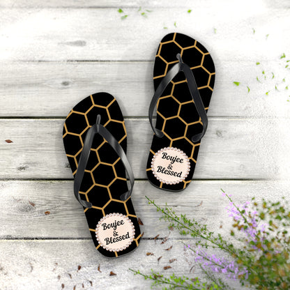 Boujee & Blessed Flip Flops - BLACK Golden Honeycomb - LARGE