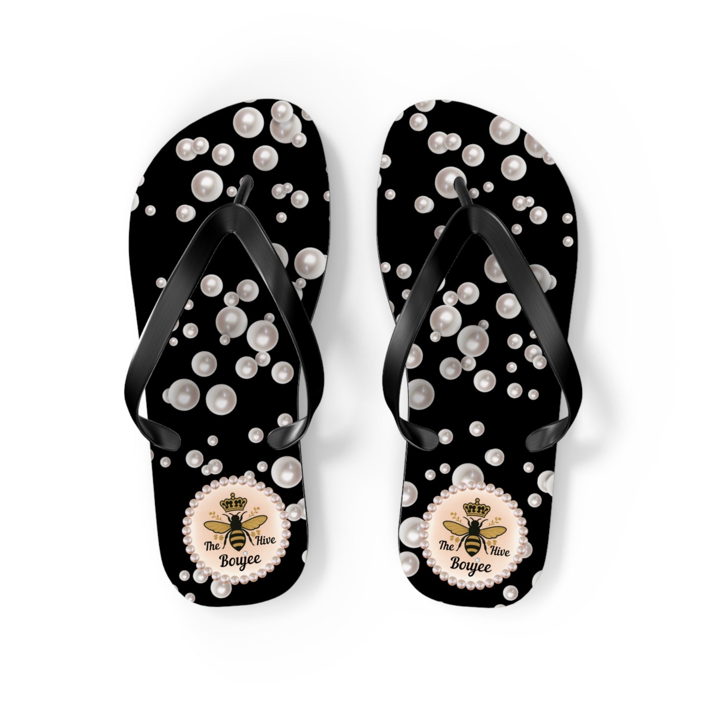 The Boujee Hive Flip Flops - BLACK in Sea of Pearls - MEDIUM
